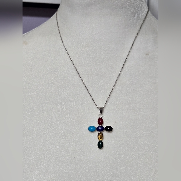 Signed stamped 925 Mexico sterling silver multicolor cabochons stones necklace - Picture 1 of 6